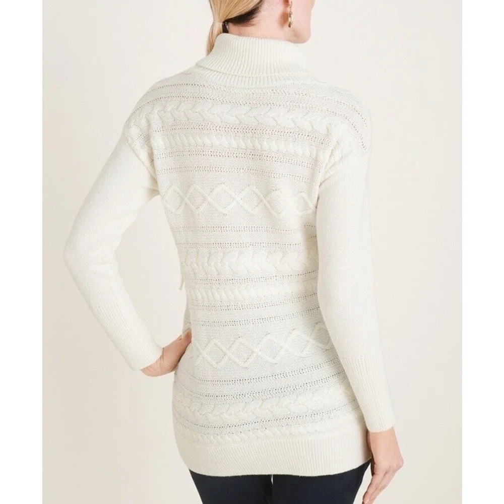 Chico’s Cream Boho Fringe Turtleneck Cable-Knit Tunic Sweater Women Size:2/L